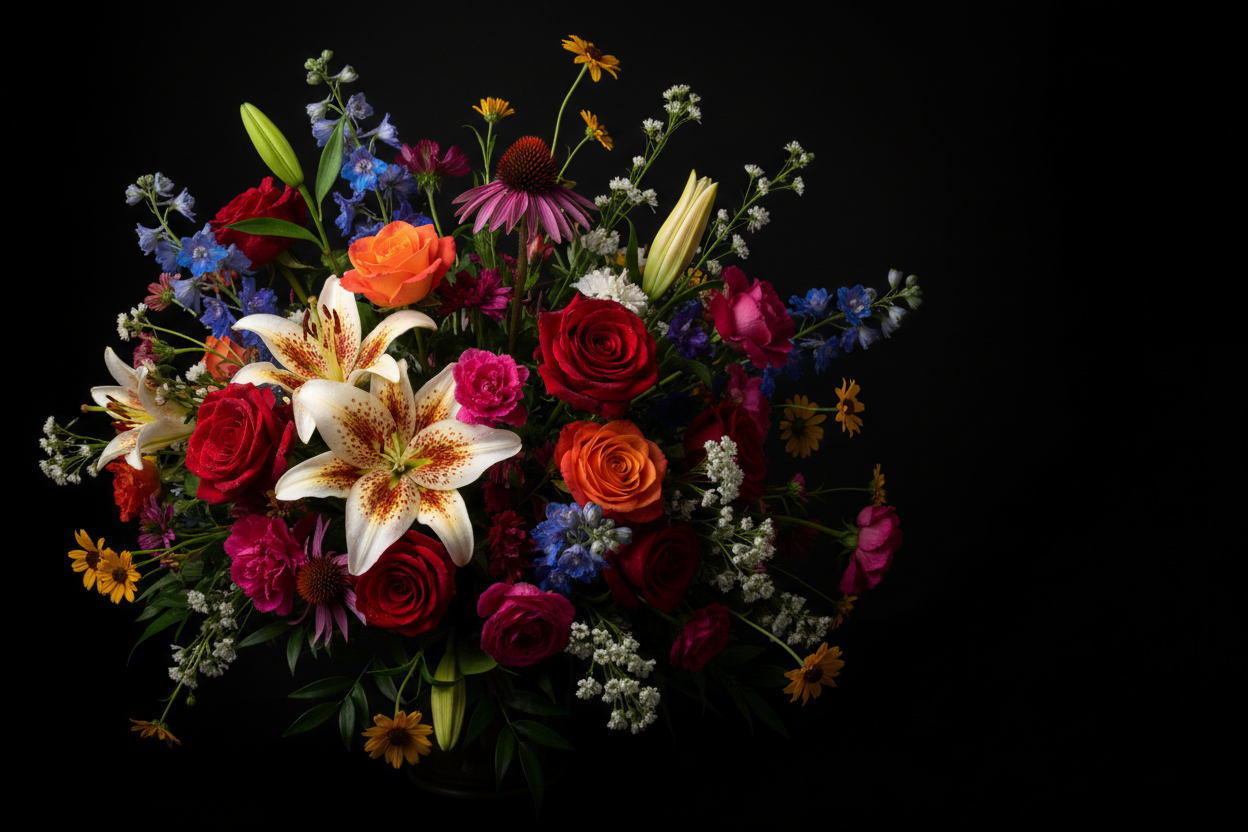 bouquet of flowers with black background